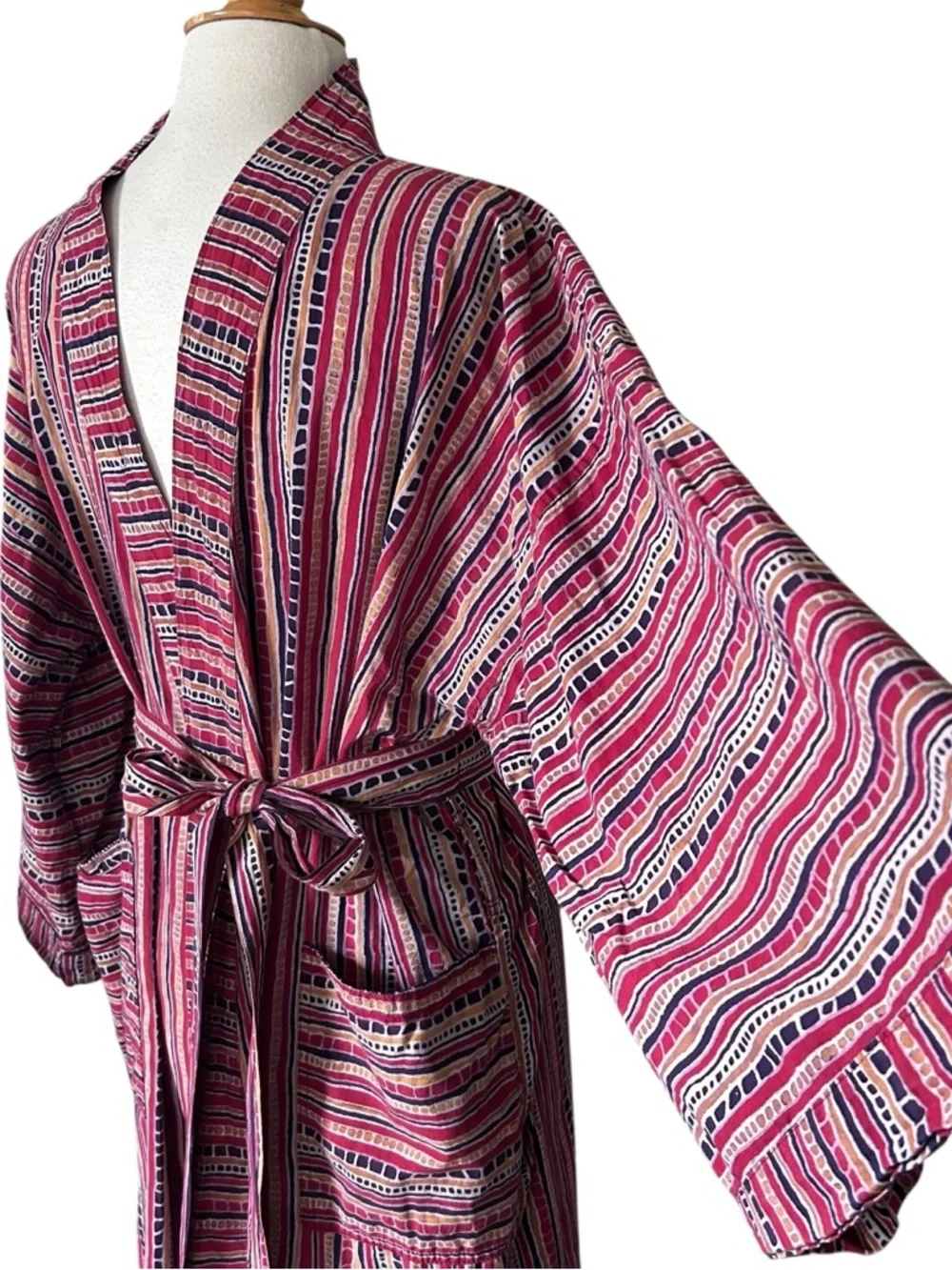 Vintage Batik Tribal Print Cotton Light weight Bath Robe with Belt - One Size - Picture 5 of 9